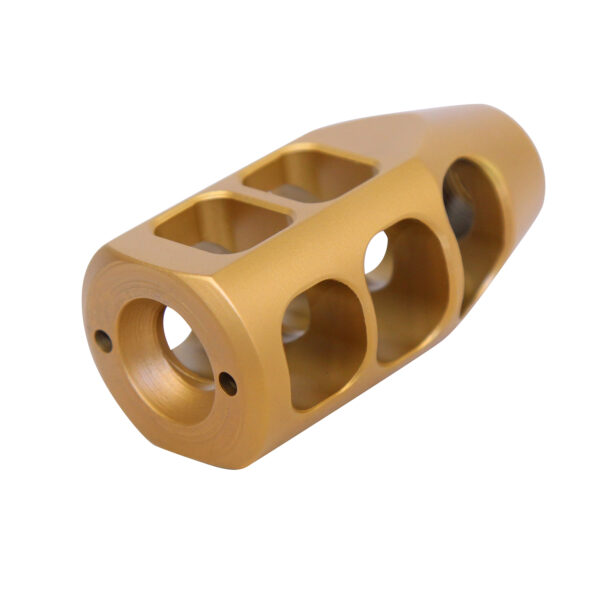 Gold-toned AR-15 Gen 2 steel multi-port compensator, intricately machined.