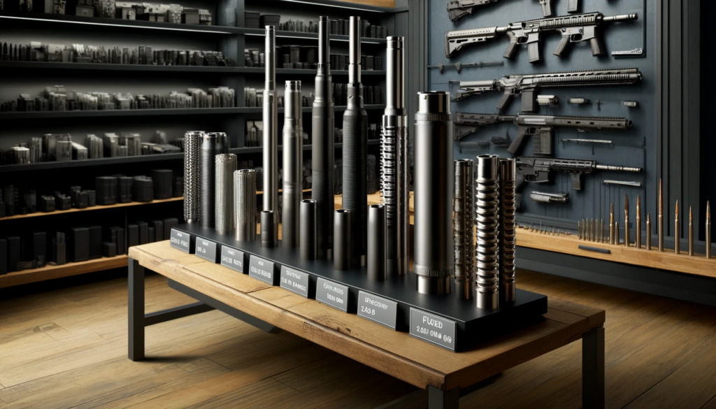 Modern showroom displaying AR-15 barrels and accessories on wooden table with organized background.