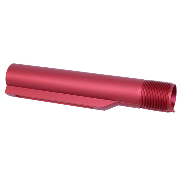 Red anodized AR-15 Mil-Spec Gen 2 buffer tube with precision threading and sleek design.