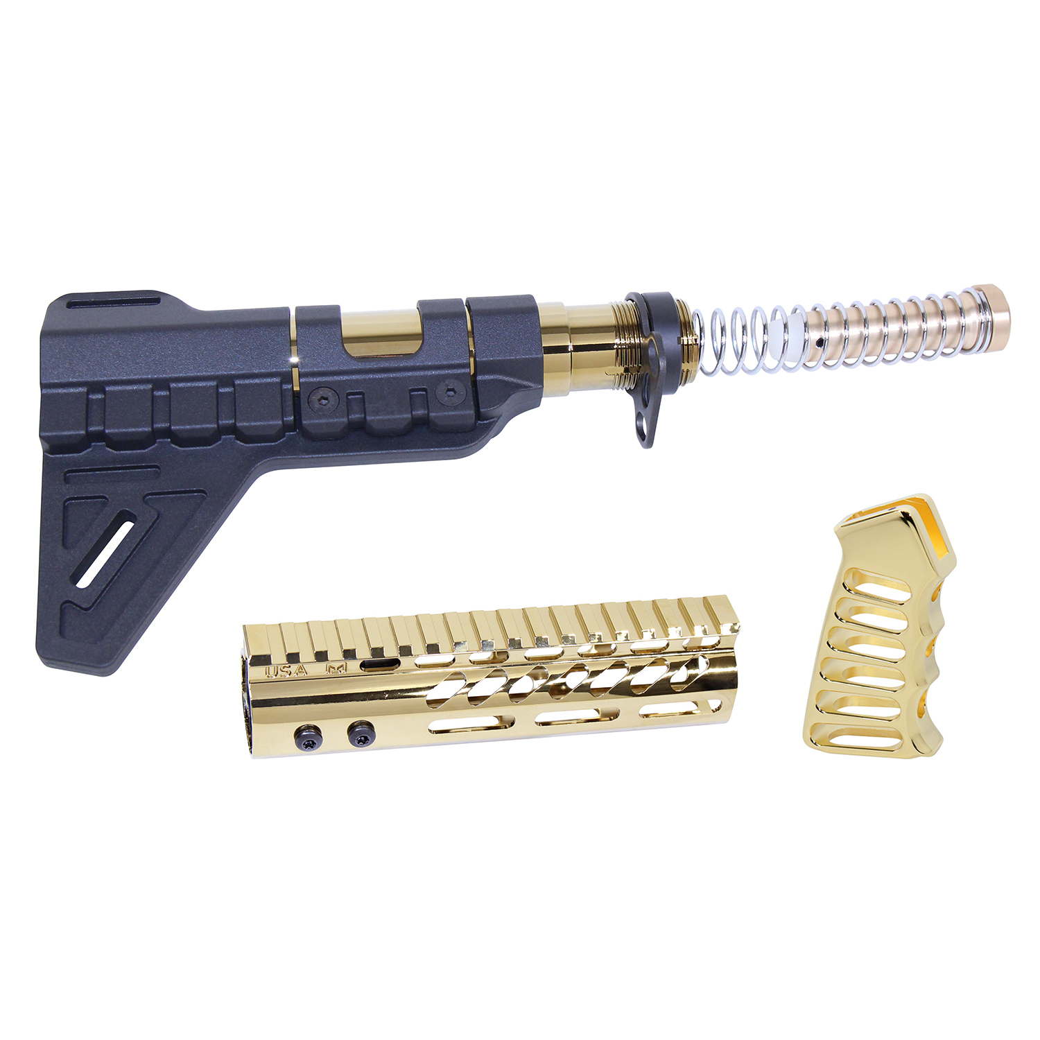 AR-PISTOL-SET-MLK-PB-GP_TT AR-15 Pistol Furniture Set W/Micro Breach Pistol Brace (Gold Plated) - Image 1