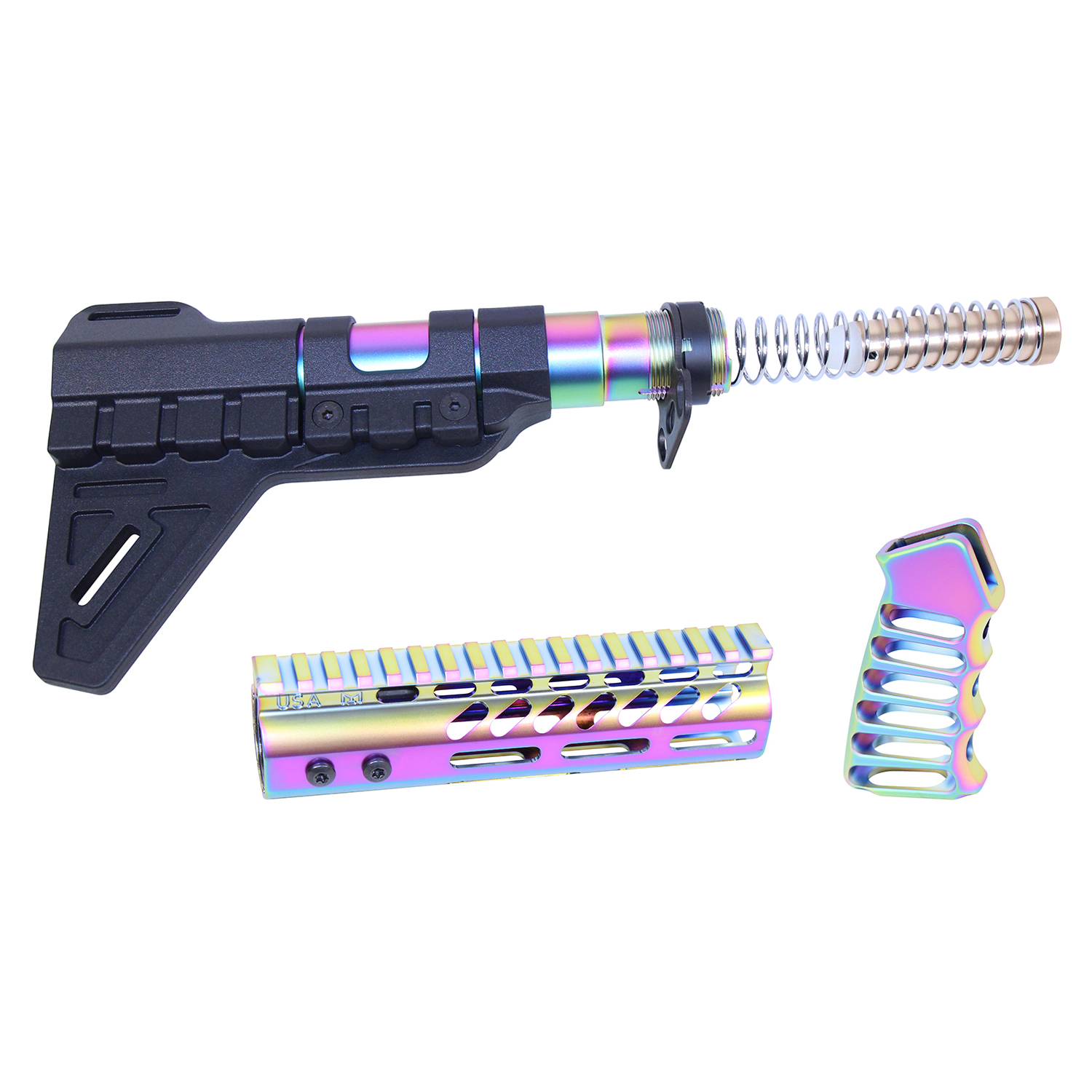 AR-PISTOL-SET-MLK-PB-M-RPVD_TT AR-15 Pistol Furniture Set W/Micro Breach Pistol Brace (Matte Rainbow PVD Coated) - Image 1