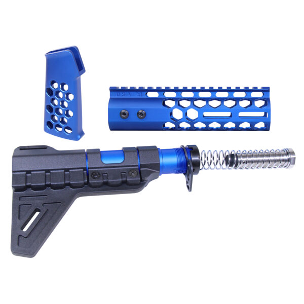 AR-15 Honeycomb Pistol Furniture Set With Brace (7") (Anodized Blue)