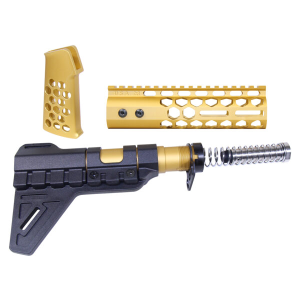 AR-15 Honeycomb Pistol Furniture Set With Brace (7") (Anodized Gold)