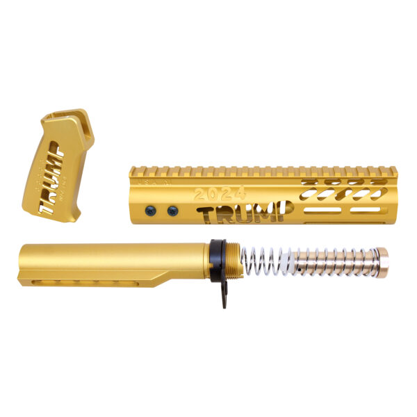 Gold AR-15 Trump Series limited edition pistol parts with milled engravings.