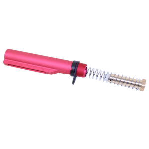 Red anodized AR-15 buffer tube set with black stopper and metallic spring.