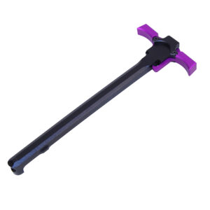 AR-15 ambidextrous charging handle in black and purple, quick engage, durable design.