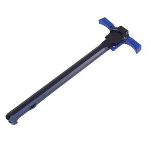 AR-15 ambidextrous charging handle in black with blue accents.