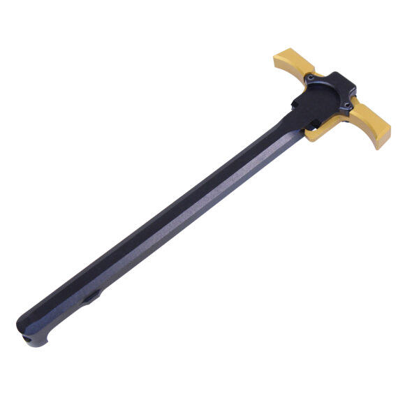 AR-15 ambidextrous charging handle with quick engage, black and gold finish.