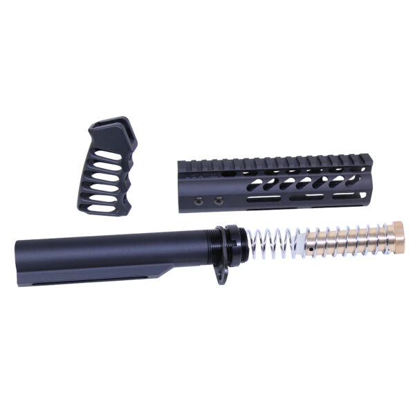 AR-15 modification parts: foregrip, rail system, buffer tube with brace, dual-spring. Anodized black.