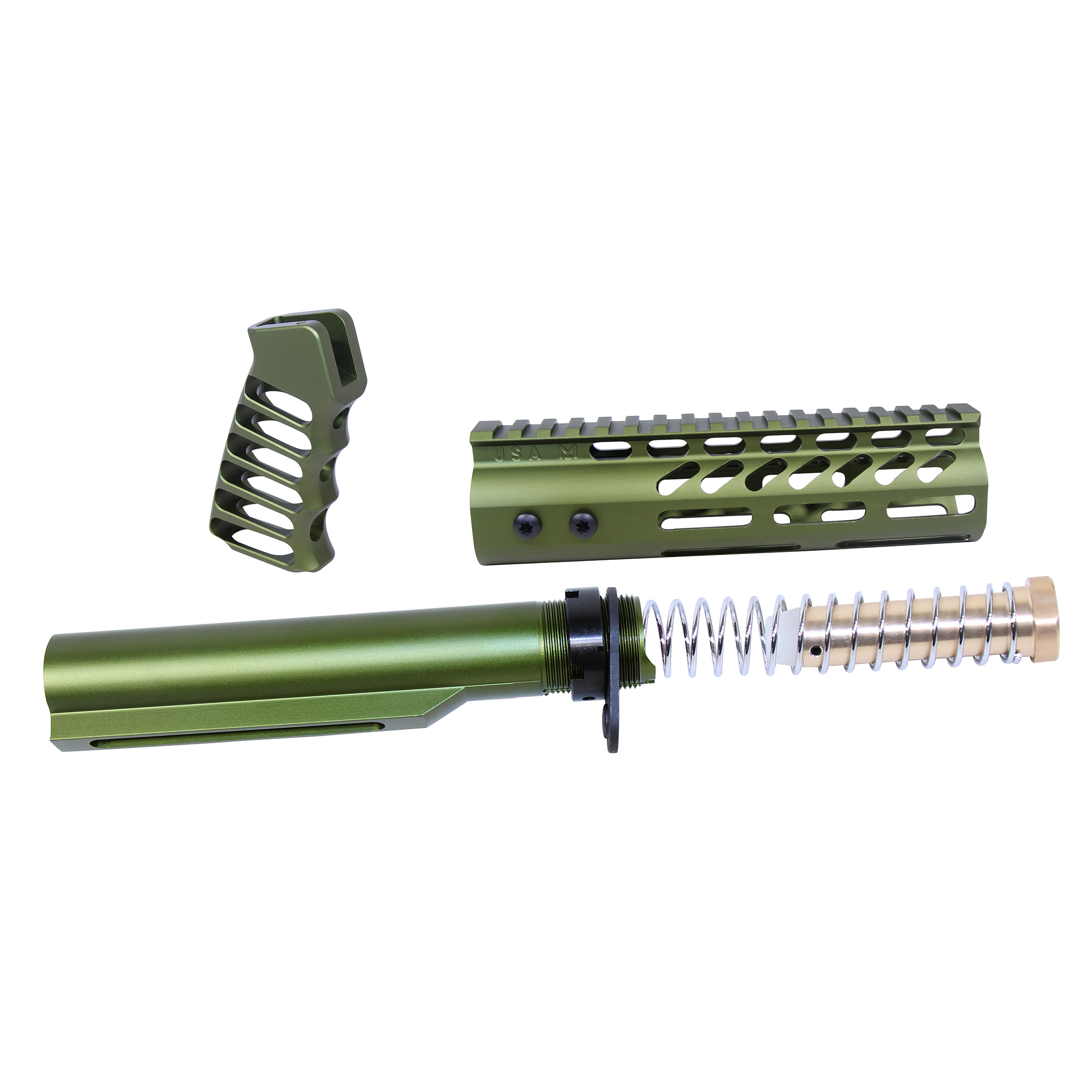 AR-15 custom military green components set including buffer assembly, handguard, and ergonomic pistol grip.