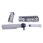 AR-15 rifle parts set featuring compensator, handguard, Picatinny rail, and buffer tube assembly.