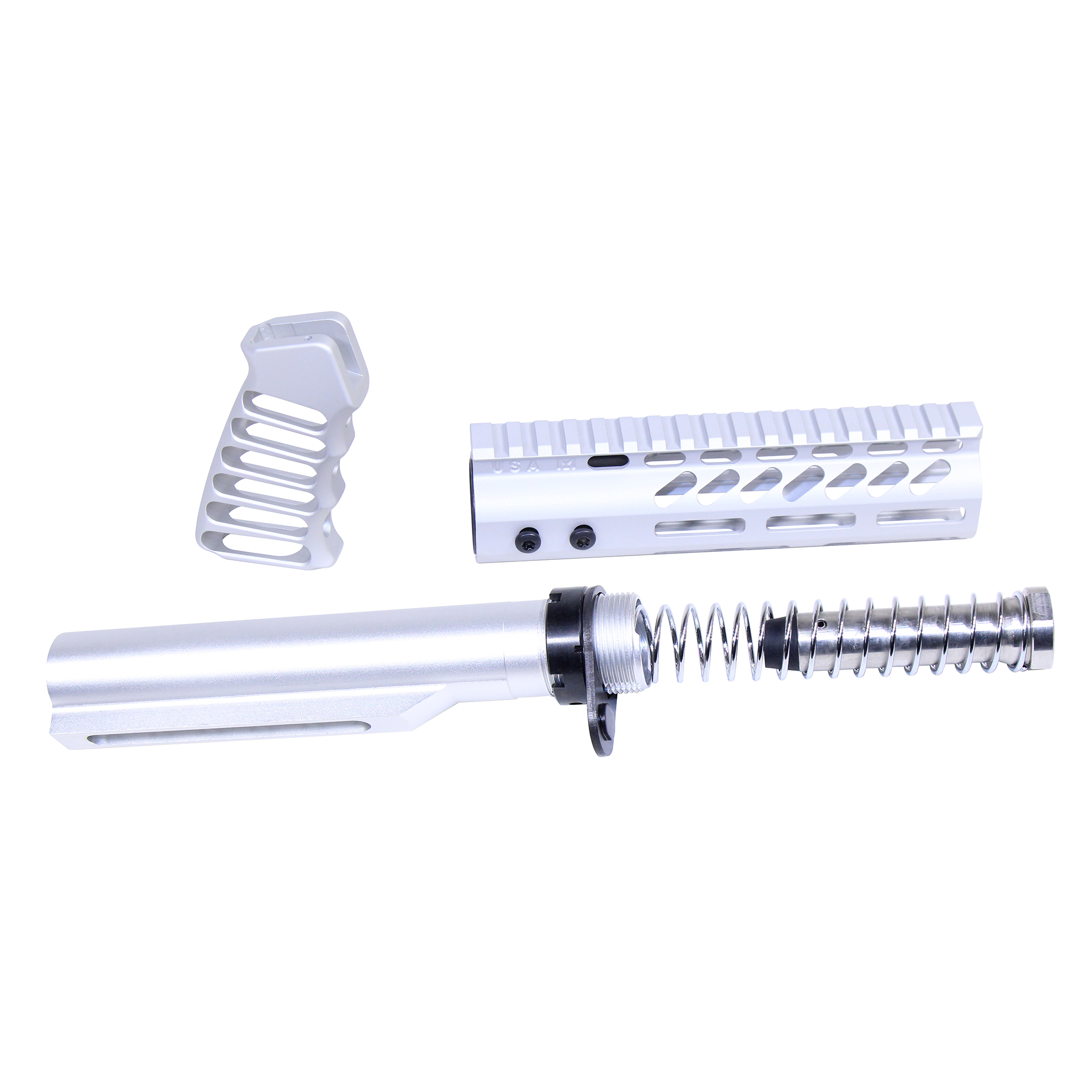 AR-15 pistol parts set with anodized clear finish, including buffer tube and Picatinny rail.