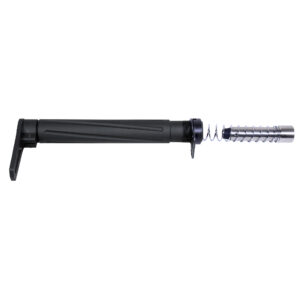 Adjustable minimalist rifle stock, black polymer, silver spring mechanism, for AR 9mm, by Guntec USA.