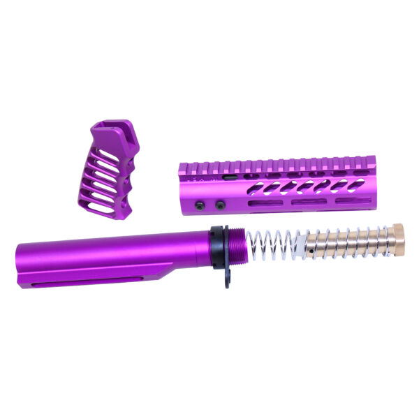 Anodized purple AR-15 pistol set: buffer tube, handguard, and ergonomic grip.