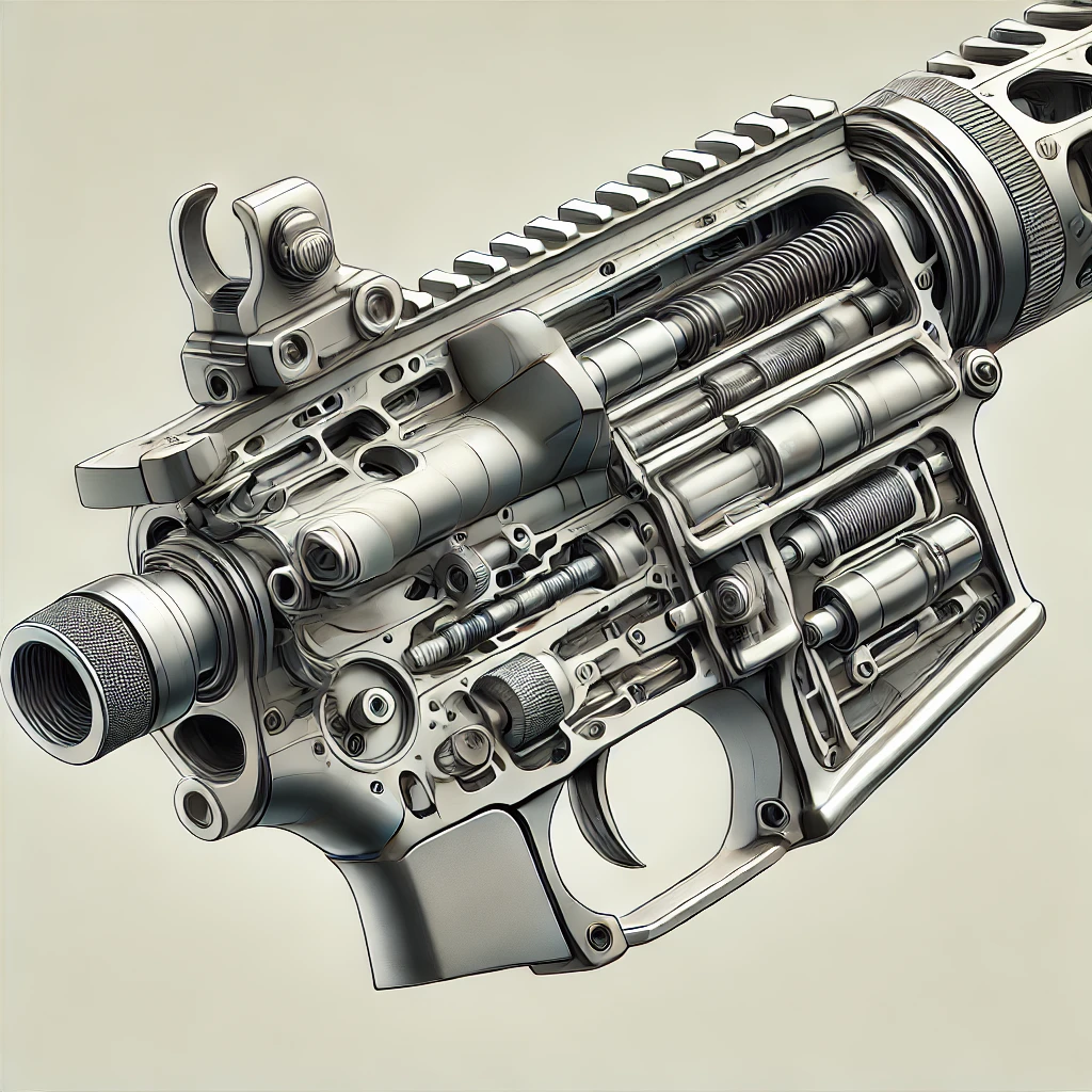 Detailed exploded view of AR-15 rifle gas system components, showcasing precision engineering.