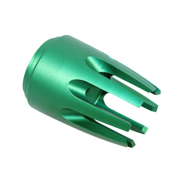 AR15 Claw flash hider in anodized Irish green with ventilation slots.