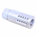 AR .308 barrel shroud with multi-port muzzle brake, precision-engineered, sleek silver finish.