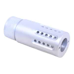 AR .308 barrel shroud with multi-port muzzle brake, precision-engineered, sleek silver finish.