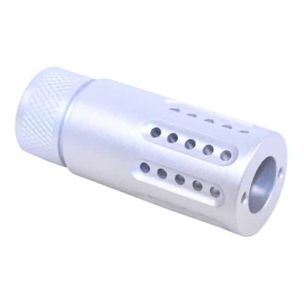 AR .308 barrel shroud with multi-port muzzle brake, precision-engineered, sleek silver finish.