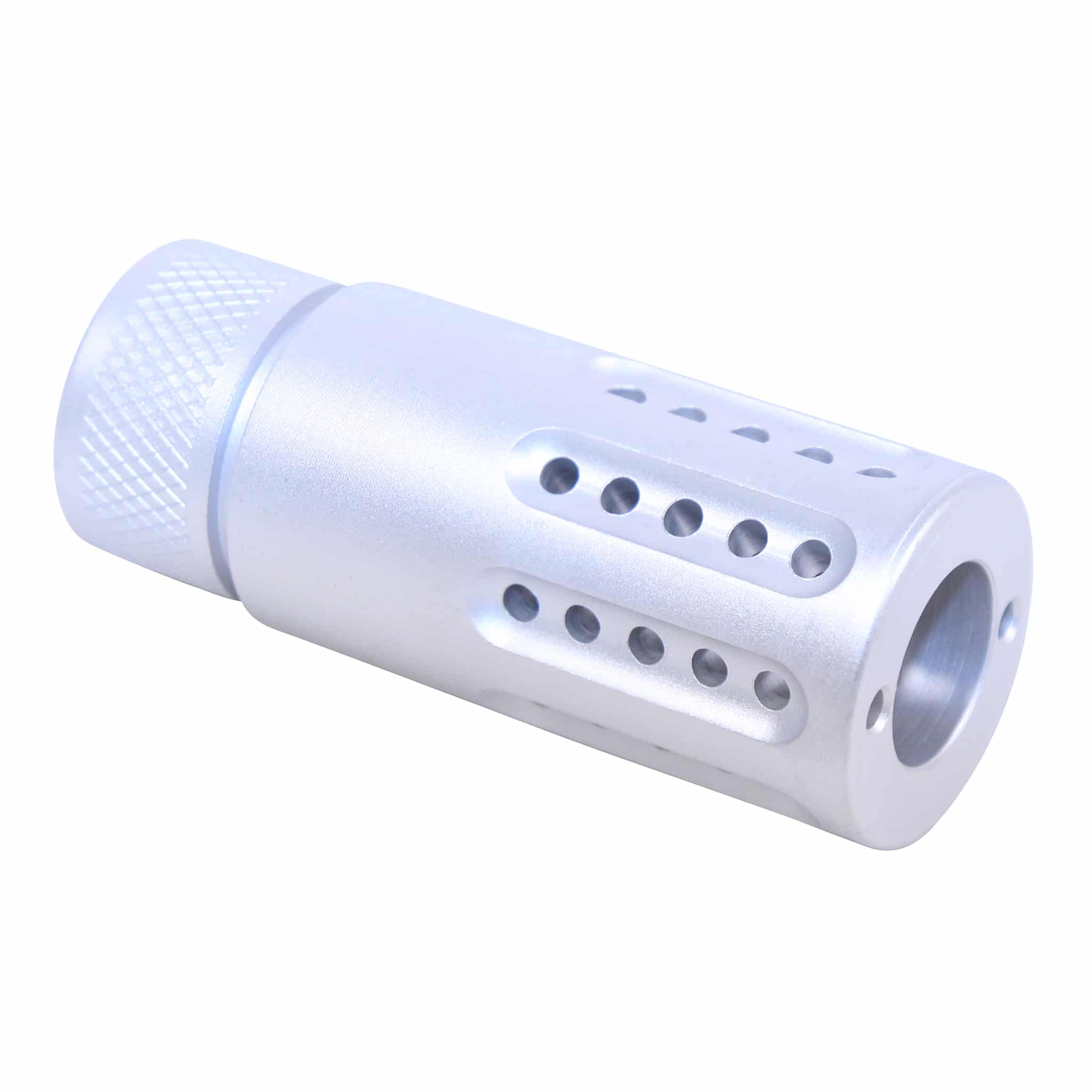 AR .308 barrel shroud with multi-port muzzle brake, precision-engineered, sleek silver finish.