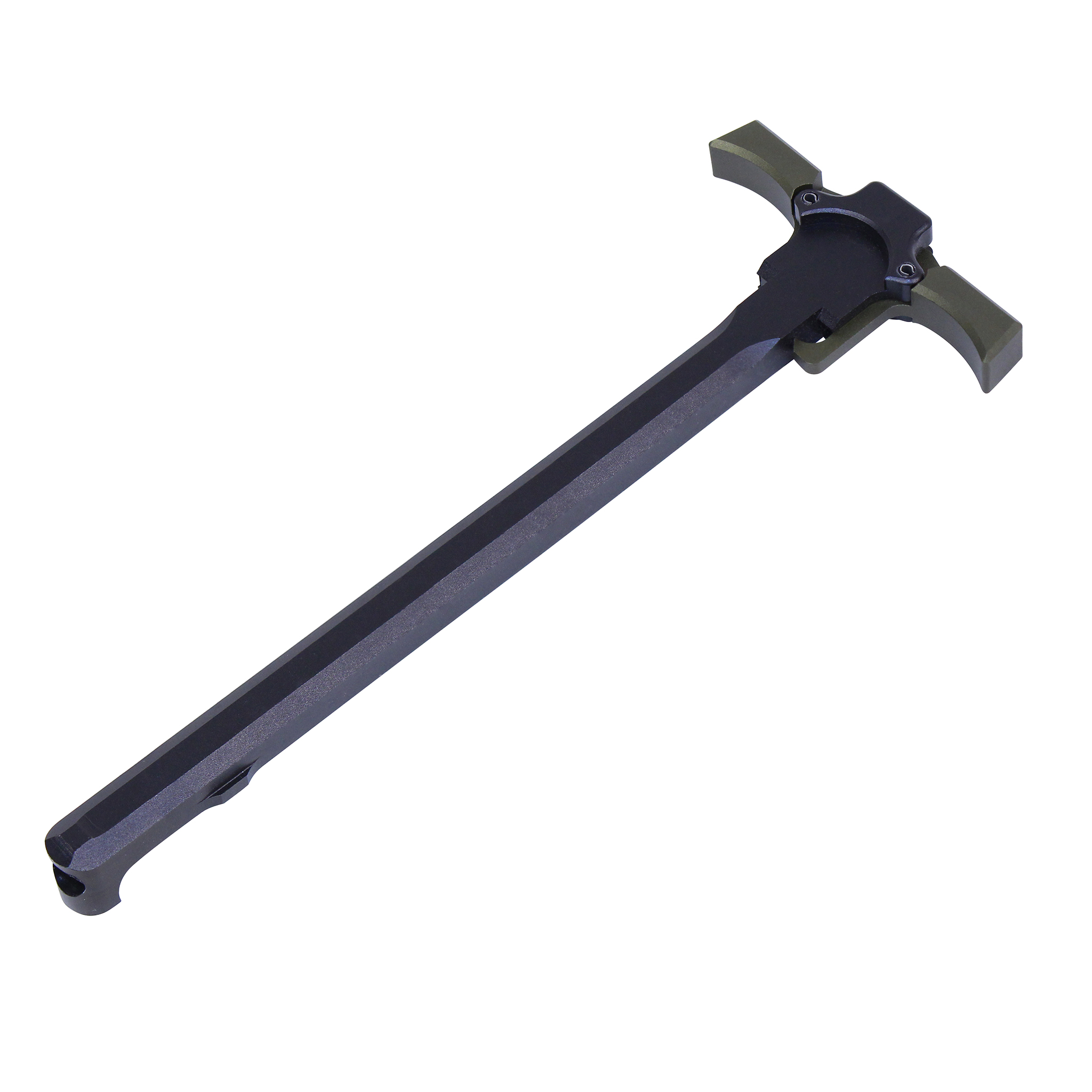 AR-15 ambidextrous charging handle in black with green grips by Guntec USA.