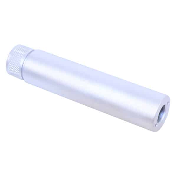 Silver AR .308 caliber 5.5-inch fake suppressor, sleek metallic finish.