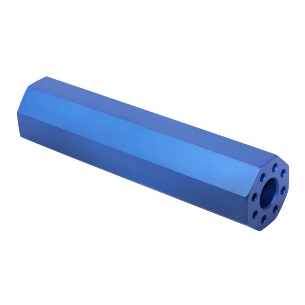 Blue anodized AR-15 octagonal fake suppressor with hexagonal design.