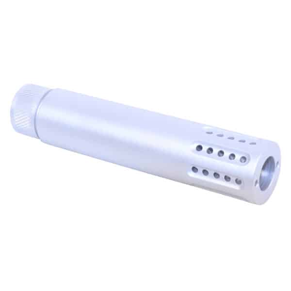 Silver AR .308 caliber slip over barrel shroud with multi-port muzzle brake, unfinished.