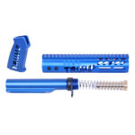 AR-15 Trump Series blue anodized pistol grip, handguard, and buffer tube set.