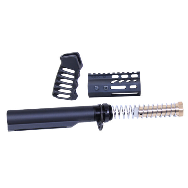 AR-15 pistol brace kit with milspec buffer tube and lightweight handguard in black.