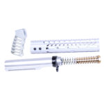 AR-15 10 pistol brace build kit with clear anodized buffer tube parts on white background.
