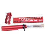 AR-15 red anodized accessory kit with handguard, buffer tube, and vertical grip.