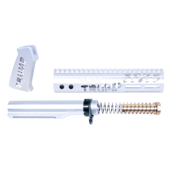 AR-15 Trump Series pistol components disassembled on white background.