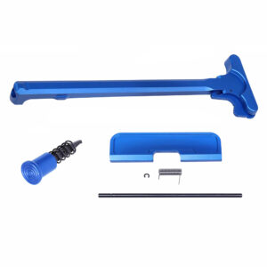 AR-15 upper receiver assembly kit with anodized blue finish, including charging handle, forward assist, and buffer tube components