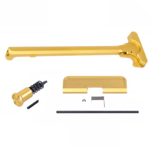 AR-15 upper receiver assembly kit with anodized gold finish, including charging handle, forward assist, and spring components