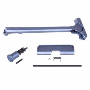 AR-15 upper receiver assembly kit in anodized grey finish, including charging handle, forward assist, and hardware