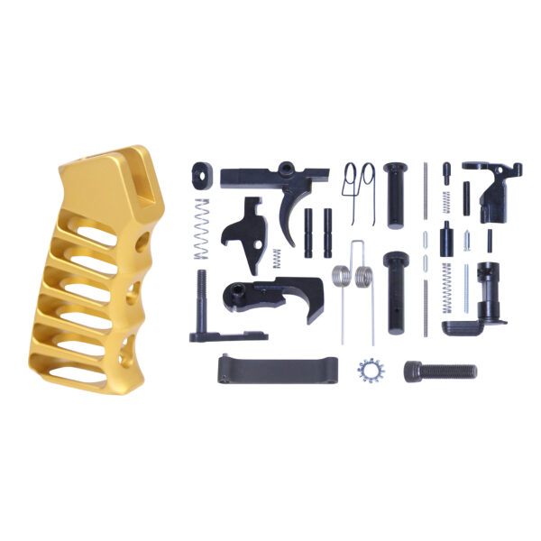 AR-15 Complete Lower Parts Kit With Ultralight Skeletonized Aluminum Pistol Grip (Anodized Gold)
