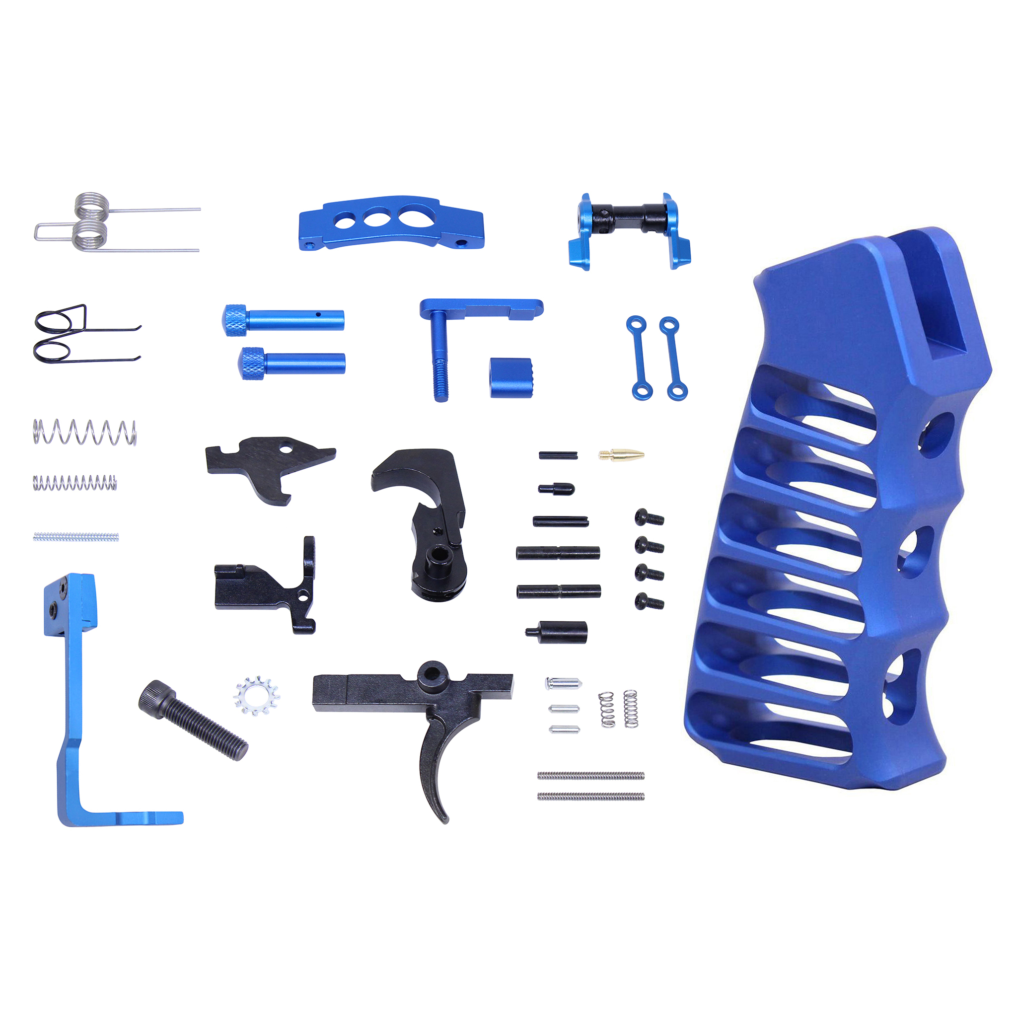 LPK-ENH-ULSPG-BLUE_TT AR-15 Enhanced Lower Parts Kit With Upgrades & Skeletonized Aluminum Pistol Grip (Anodized Blue) - Image 1