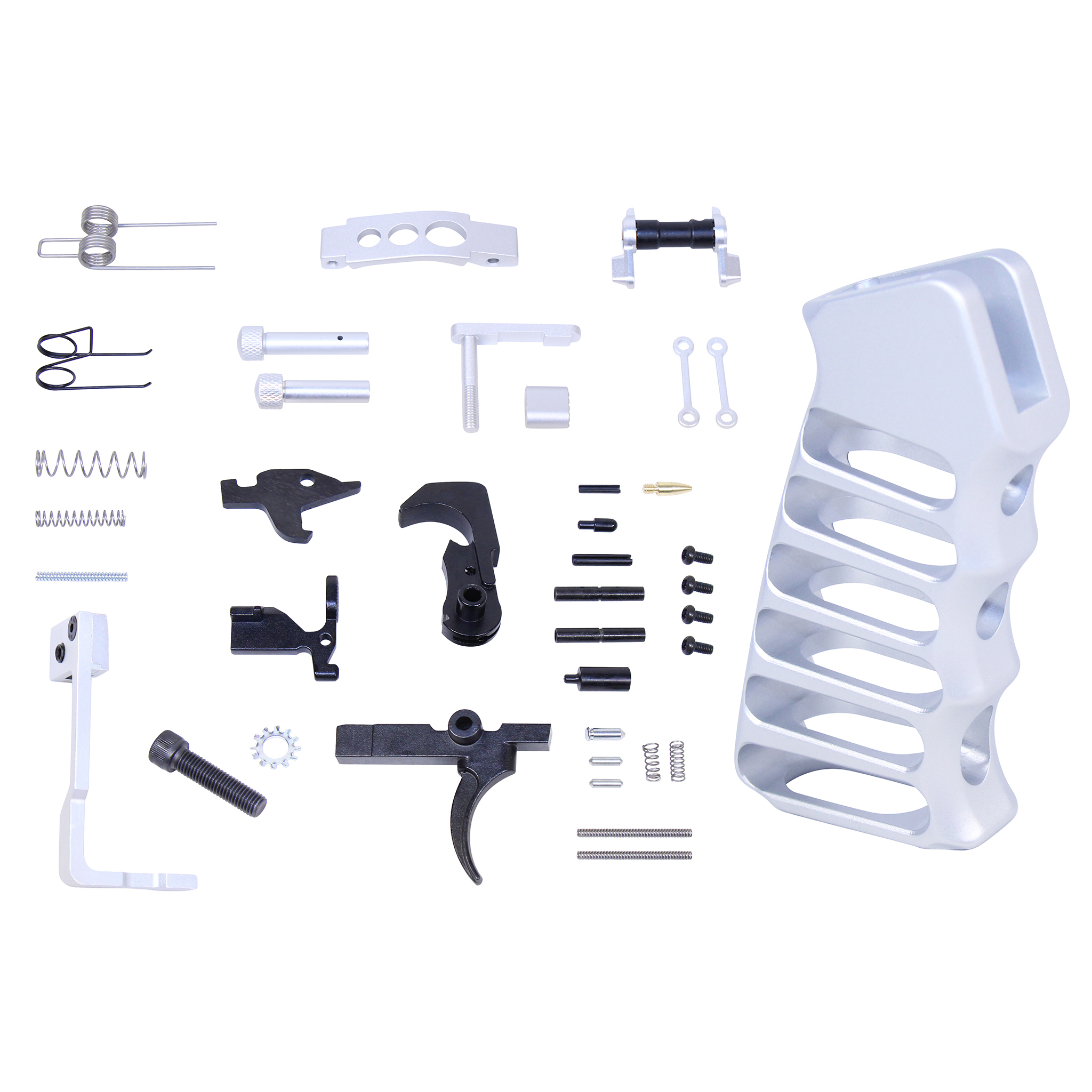 LPK-ENH-ULSPG-CLEAR_TT AR-15 Enhanced Lower Parts Kit With Upgrades & Skeletonized Aluminum Pistol Grip (Anodized Clear) - Image 1
