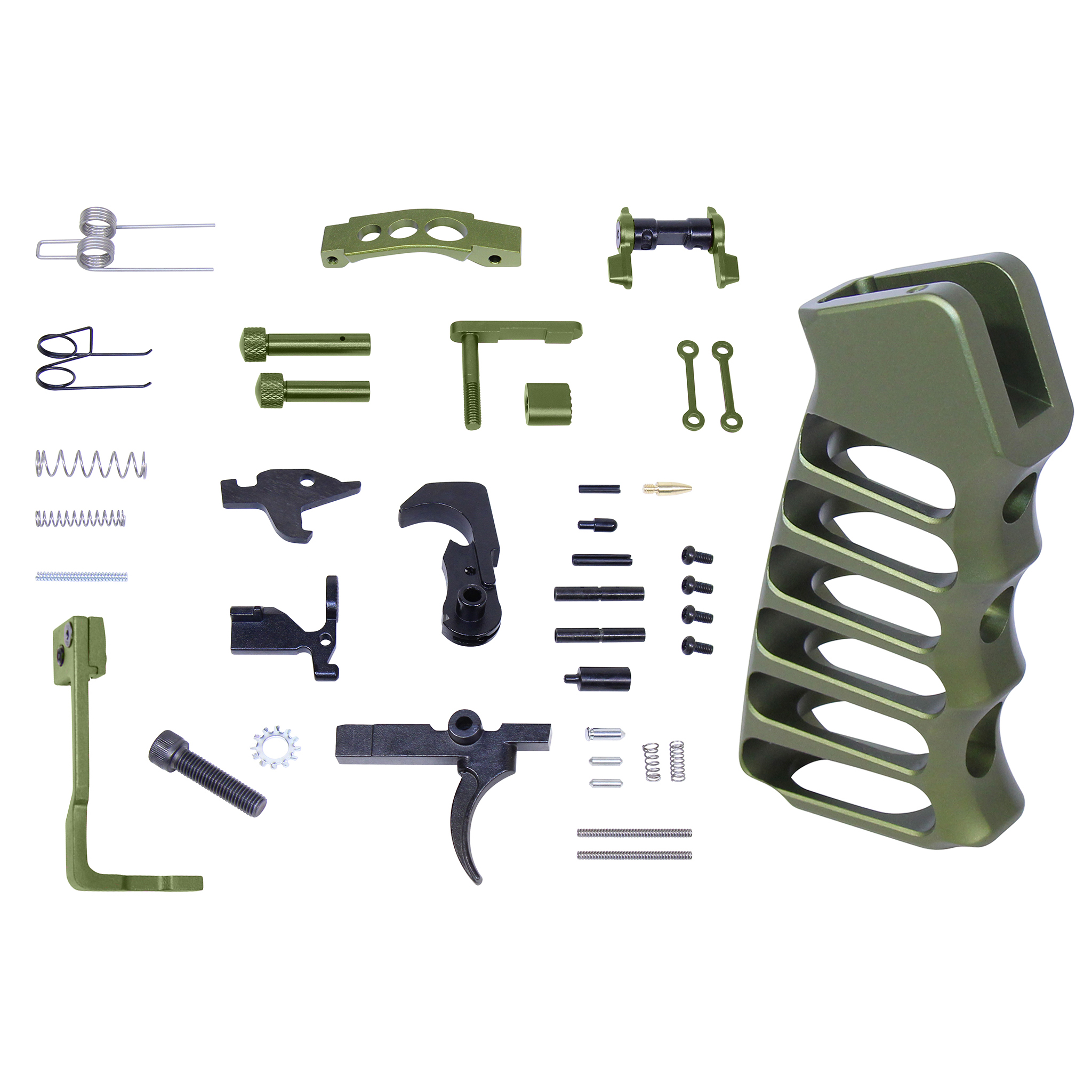 LPK-ENH-ULSPG-GREEN_TT AR-15 Enhanced Lower Parts Kit With Upgrades & Skeletonized Aluminum Pistol Grip (Anodized Green) - Image 1