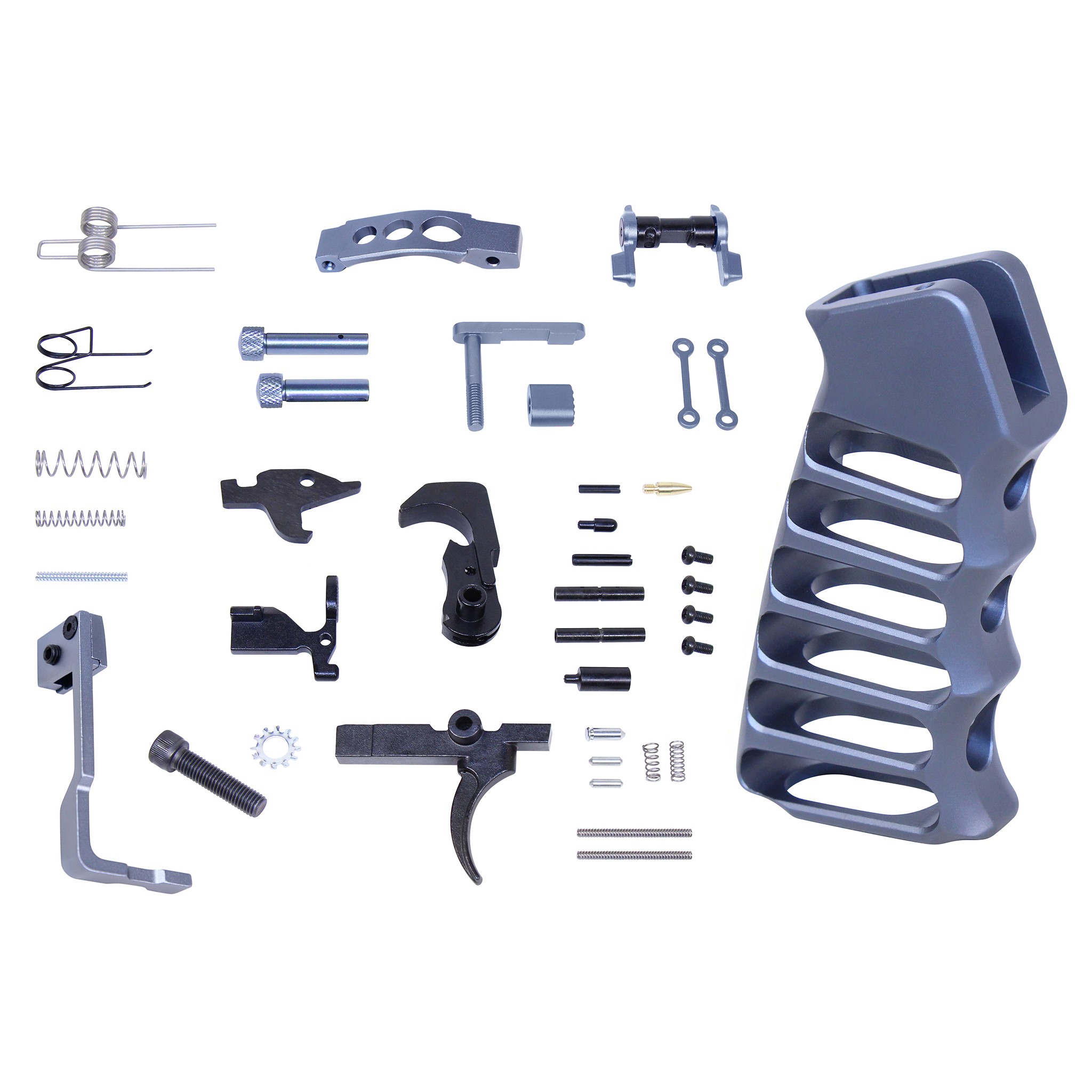 LPK-ENH-ULSPG-GREY_TT AR-15 Enhanced Lower Parts Kit With Upgrades & Skeletonized Aluminum Pistol Grip (Anodized Grey) - Image 1