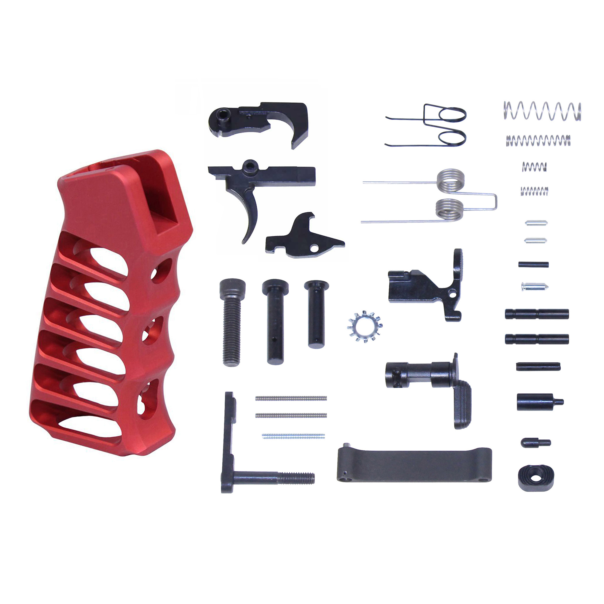 LPK-ULS-PG-RED_TT AR-15 Complete Lower Parts Kit With Ultralight Skeletonized Aluminum Pistol Grip (Anodized Red) - Image 1