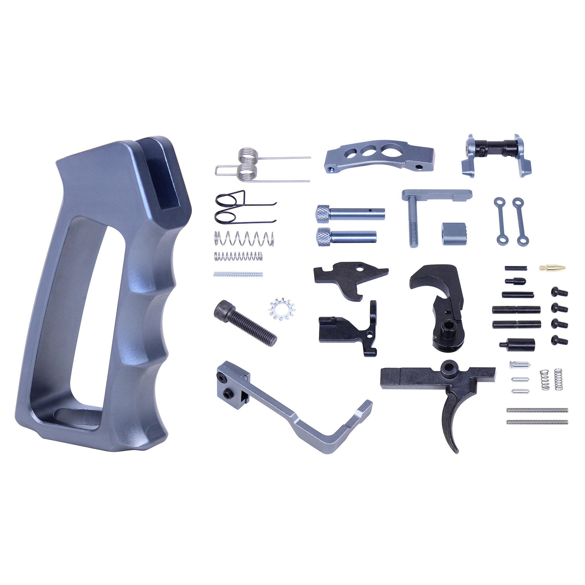 Guntec-USA-LPK-ENH-ULSPG-G2-BLUE-5 AR-15 Enhanced Lower Parts Kit With Upgrades & Skeletonized Aluminum Pistol Grip (Anodized Grey) (Gen 2)
