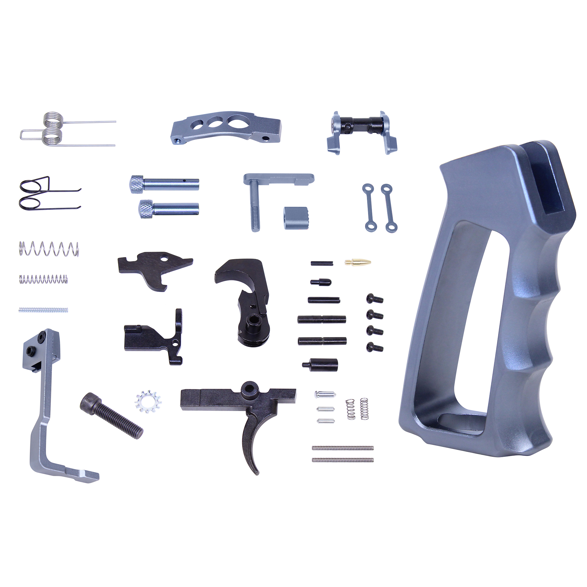 LPK-ENH-ULSPG-G2-GREY AR-15 Enhanced Lower Parts Kit With Upgrades & Skeletonized Aluminum Pistol Grip (Anodized Grey) (Gen 2) - Image 1
