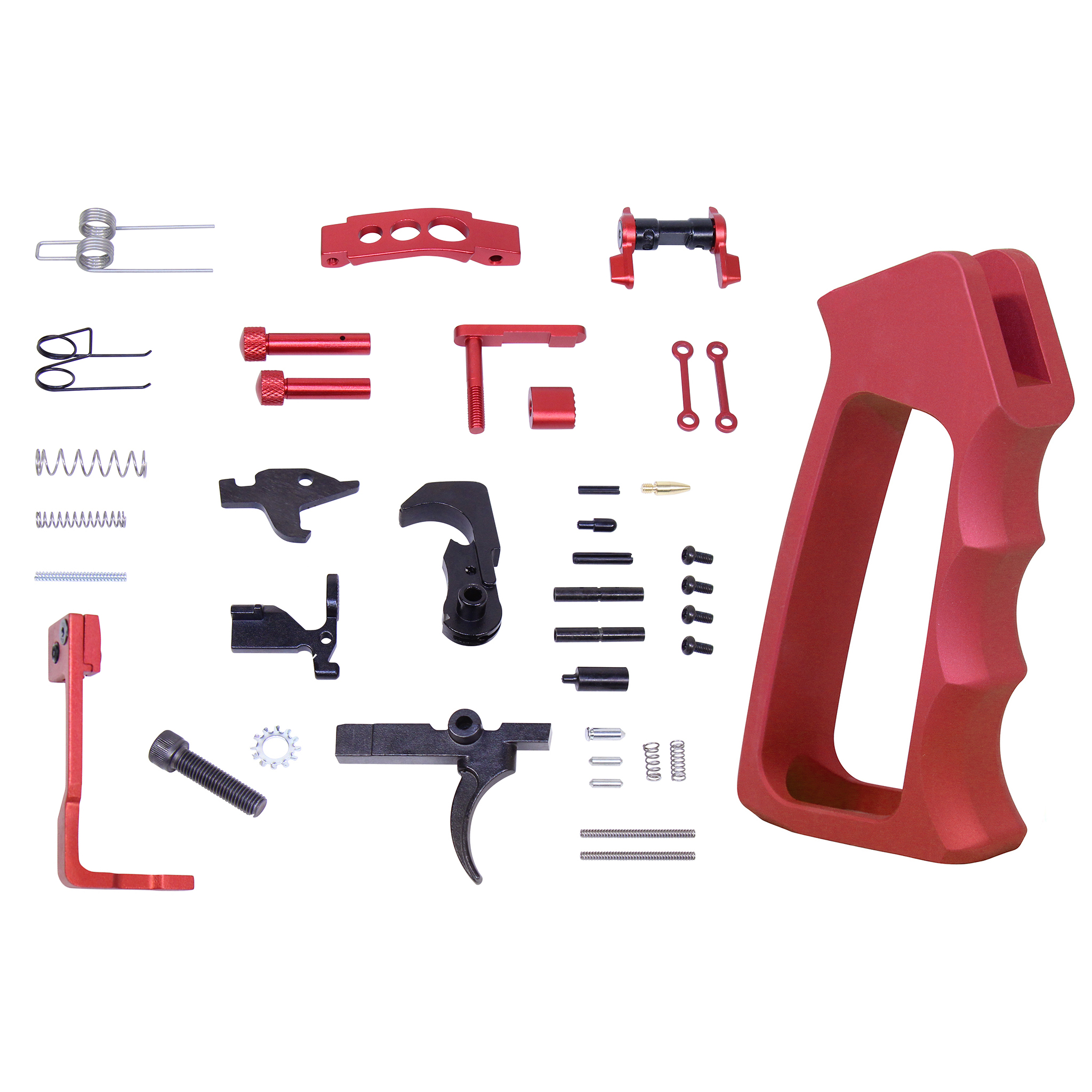 LPK-ENH-ULSPG-G2-RED AR-15 Enhanced Lower Parts Kit With Upgrades & Skeletonized Aluminum Pistol Grip (Anodized Red) (Gen 2) - Image 1