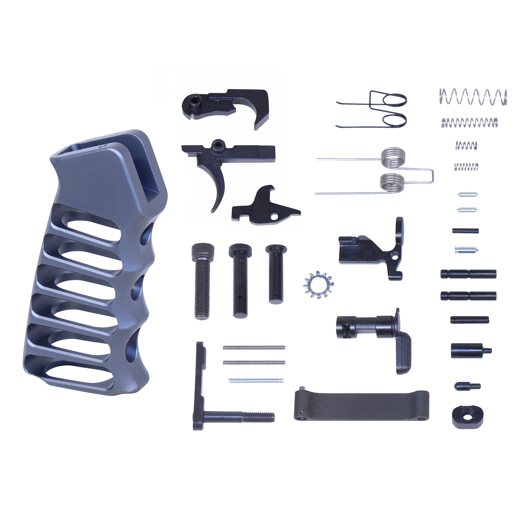 LPK-ULS-PG-GREY_TT AR-15 Complete Lower Parts Kit With Ultralight Skeletonized Aluminum Pistol Grip (Anodized Grey) - Image 1