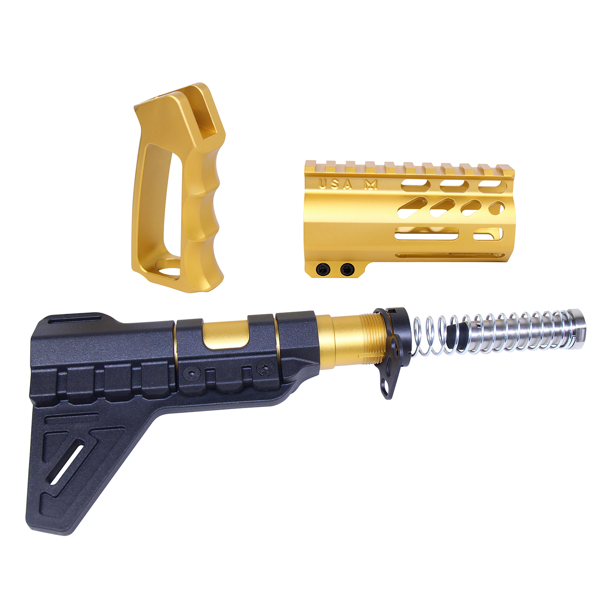 Guntec-USA-MINI-P-SET-PB-RP-5 AR-15 Mini Pistol Furniture Set W/Micro Breach Pistol Brace (Anodized Gold)