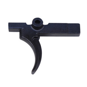 Matte black steel AR-15 trigger with curved lever and mounting holes