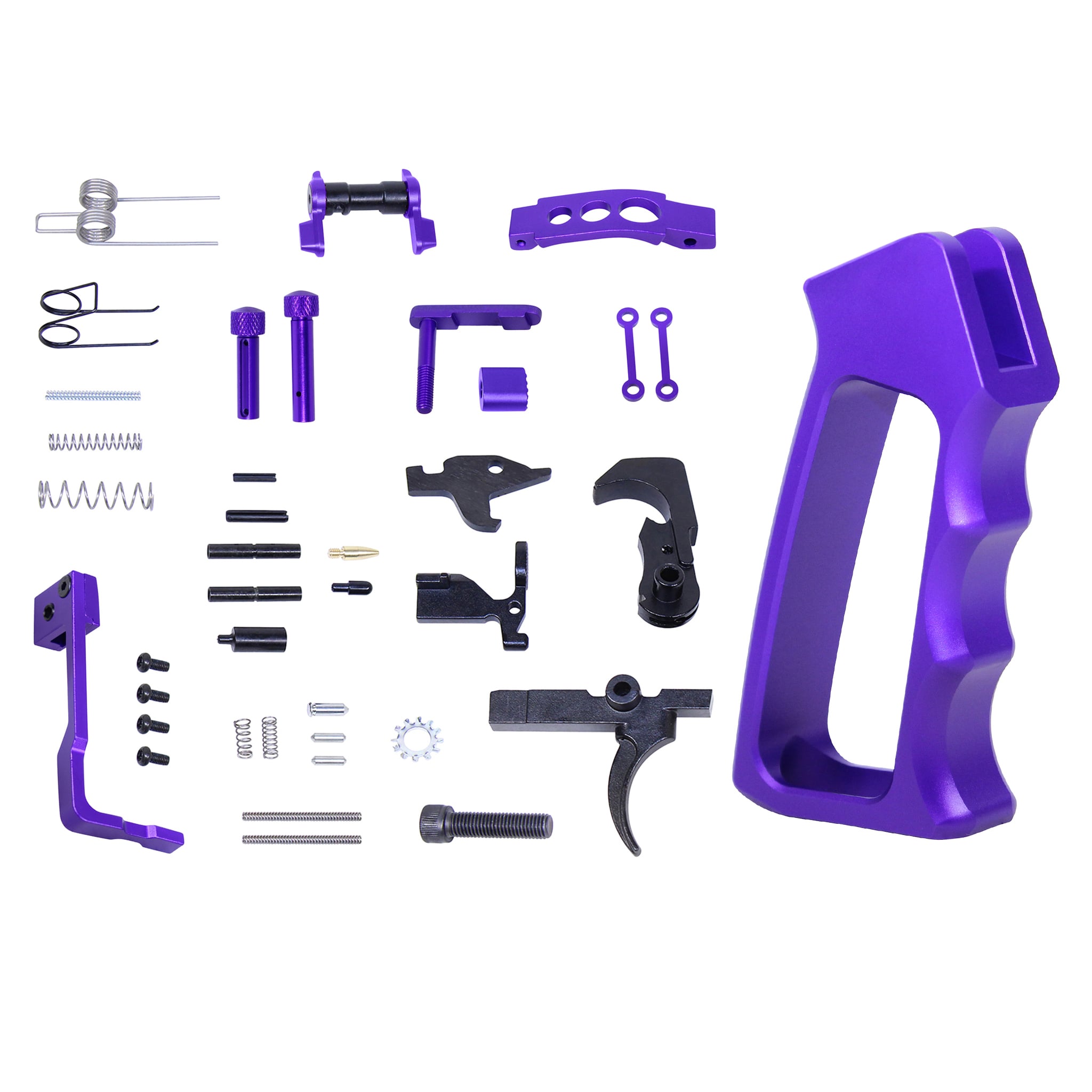 AR-15 Lower Parts Kit Royal Purple AR-15 lower parts kit with royal purple anodized aluminum pistol grip and trigger guard