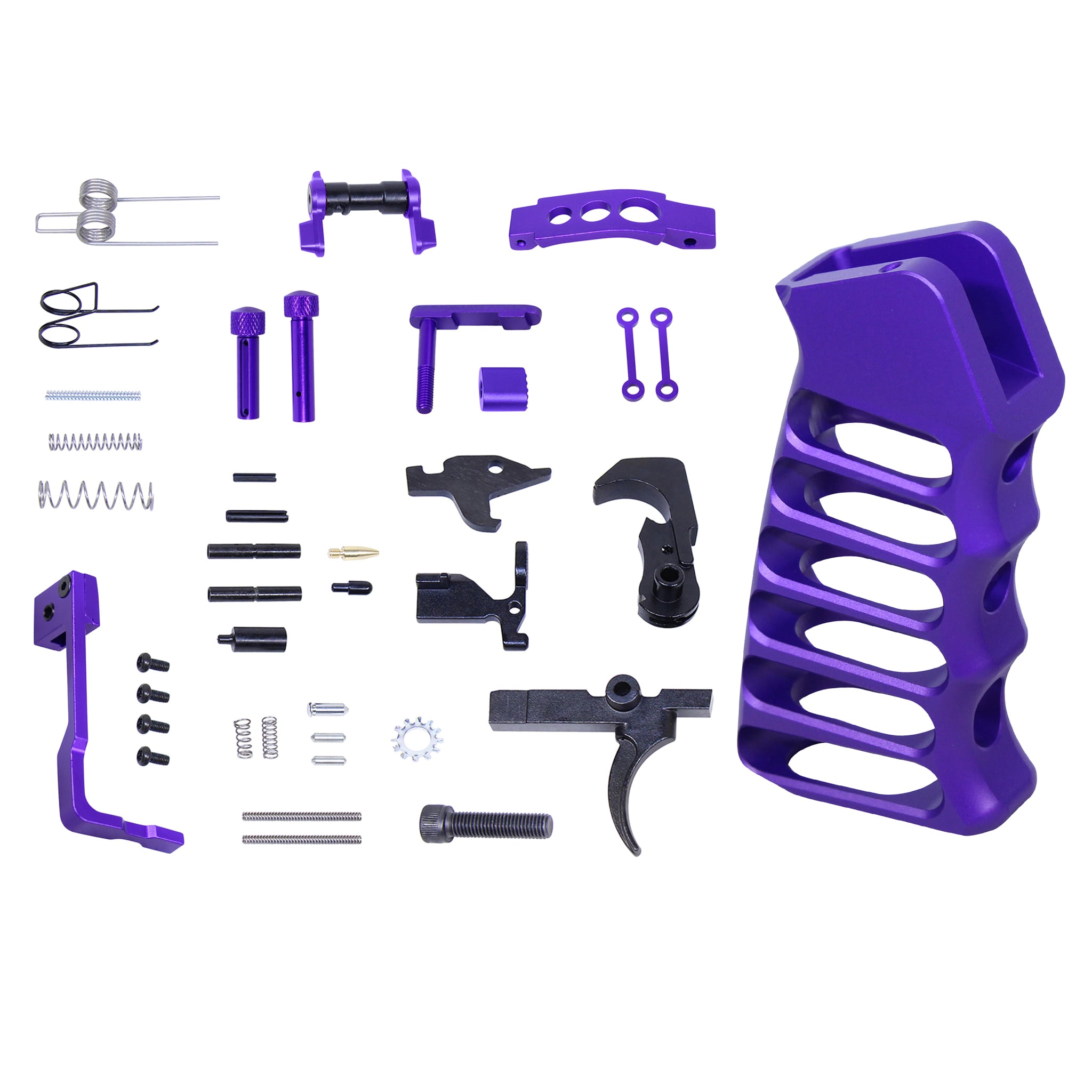 AR-15 Lower Parts Kit Royal Purple AR-15 lower parts kit with royal purple anodized aluminum pistol grip and trigger guard